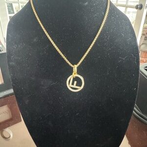 Gold & Rhinestone F 18” Boxlink 18k Gold Plated Stainless Steel Necklace